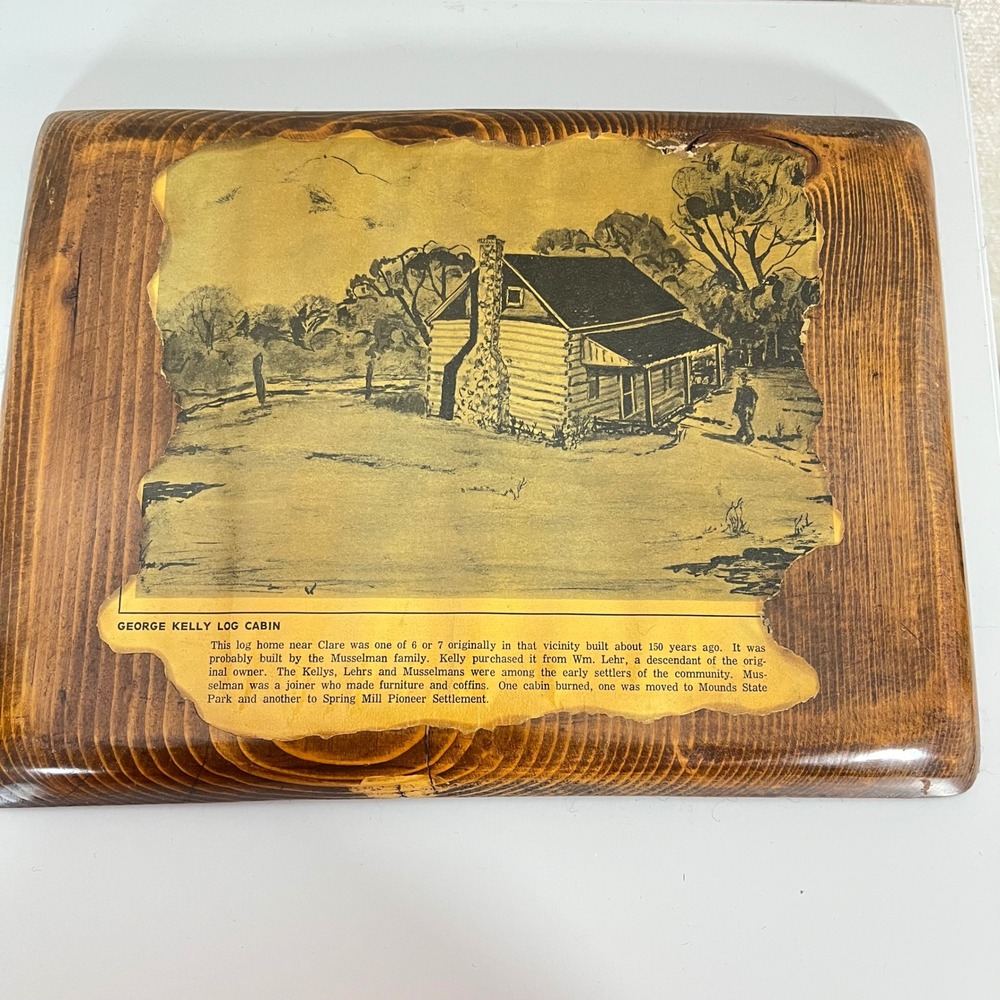 Vintage George Kelly Log Cabin Indiana Wood Plaque‎ Wall Hanging Folk Art